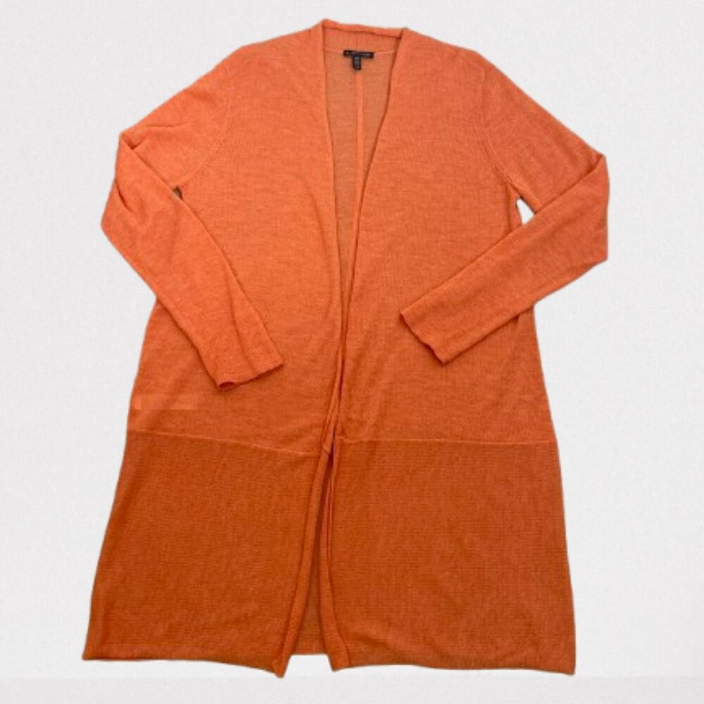 Eileen Fisher Wool Open Front Fine Knit Long Sleeve Cardigan Size L Orange